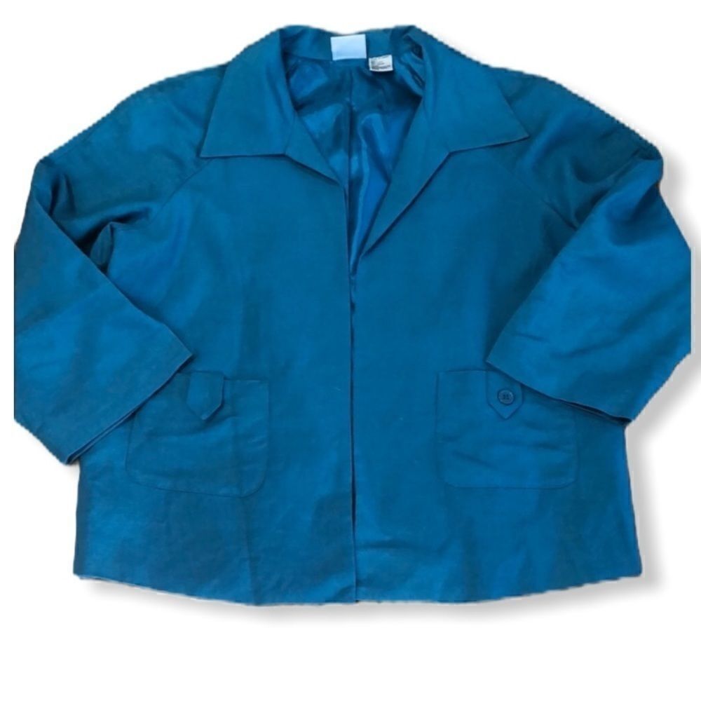 Newport News Teal Linen Blend 3/4 Sleeve Open Blazer Sz 6